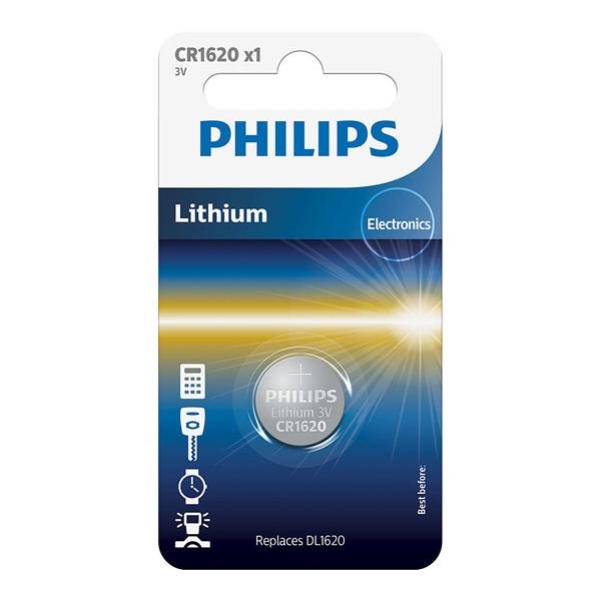 Батарейки кнопкові, літієві PHILIPS CR1620 - 3.0V LITHIUM (16.0 X 2.0) / 1 шт. BLISTER