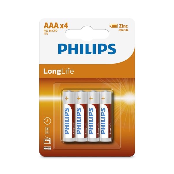 Батарейки циліндричні, сольові PHILIPS R03 - LONGLIFE AAA 1.5V / 4 шт. блістер