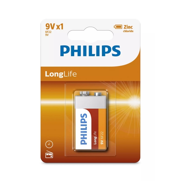 Батарейки прямокутні, лужні PHILIPS 6F22 (КРОНА) - LONGLIFE 9V / 1 шт. блістер